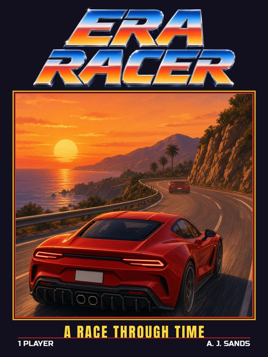 Era Racer box art: a red sports car races a rival along a coastal road at sunset, under the Era Racer logo and the line A Race Through Time.